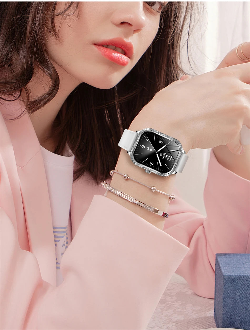 New Fashion Women Smart Watch 1.75inch Curved Screen Sports Bracelet BT HD Calling Clock IP68 Waterproof Diamond Case Smartwatch