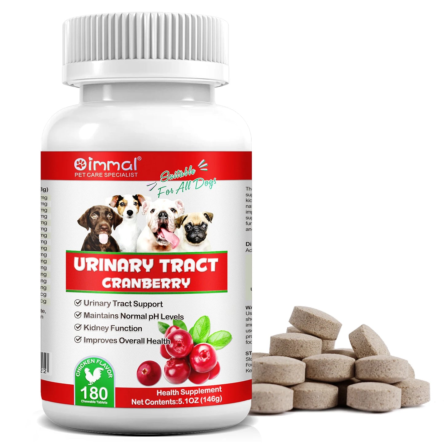 Cranberry Canine Care Optimal Urinary Tract Support for Dogs Enhancing Kidney Function with Chicken Flavor 180 Chewable Tablets
