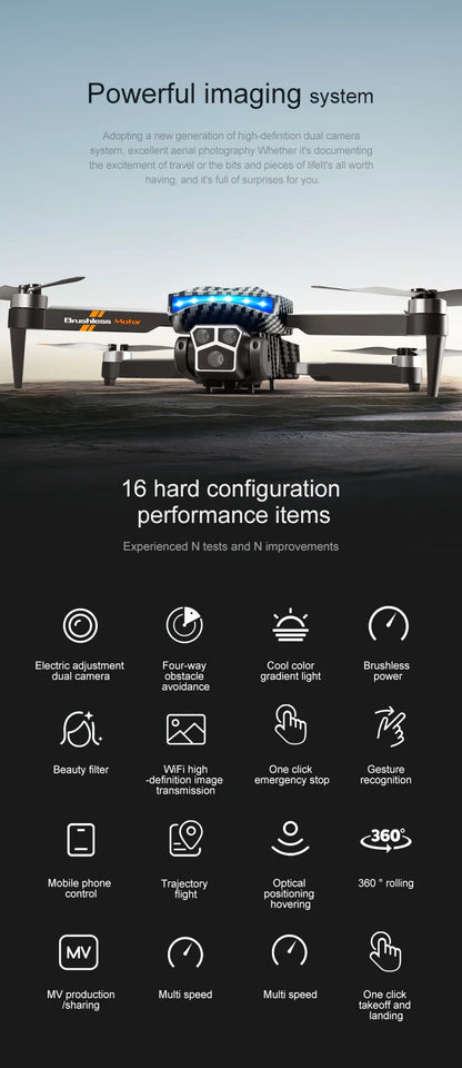 The D9 drone is equipped with gradient LED streamer,brushless motor,EIS electronic stabilization system,2.4GHz anti-interference