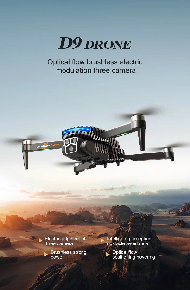 The D9 drone is equipped with gradient LED streamer,brushless motor,EIS electronic stabilization system,2.4GHz anti-interference