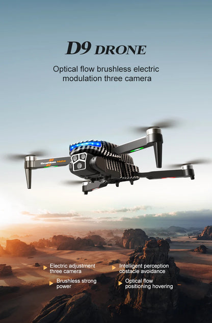 The D9 drone is equipped with gradient LED streamer,brushless motor,EIS electronic stabilization system,2.4GHz anti-interference