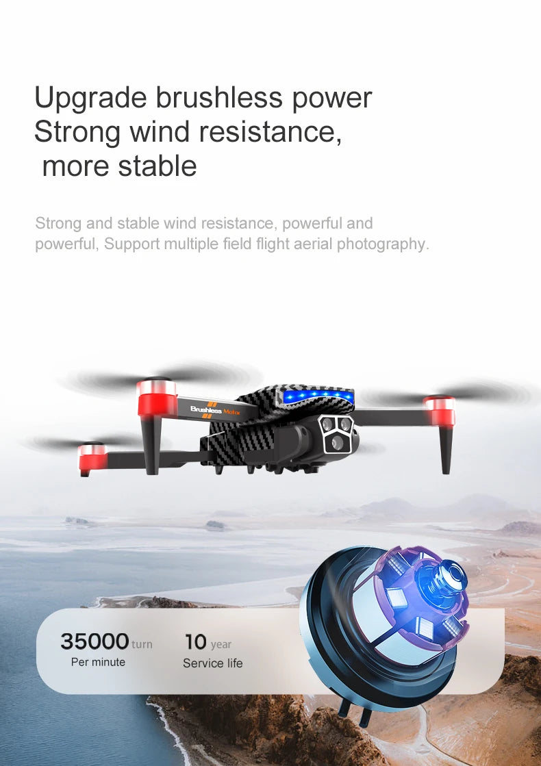 The D9 drone is equipped with gradient LED streamer,brushless motor,EIS electronic stabilization system,2.4GHz anti-interference