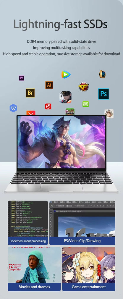 New Laptop Computer Windows 11 Pro Intel Celeron N4000 2025 Notebook PC Gamer 12GB RAM 512GB 1TB SSD 1920*1080 Office Computer