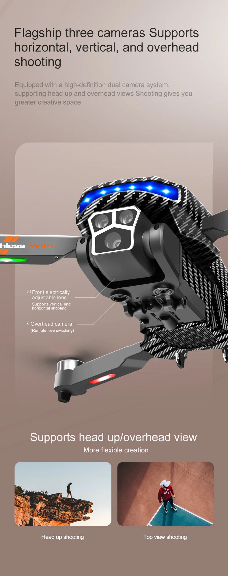 The D9 drone is equipped with gradient LED streamer,brushless motor,EIS electronic stabilization system,2.4GHz anti-interference