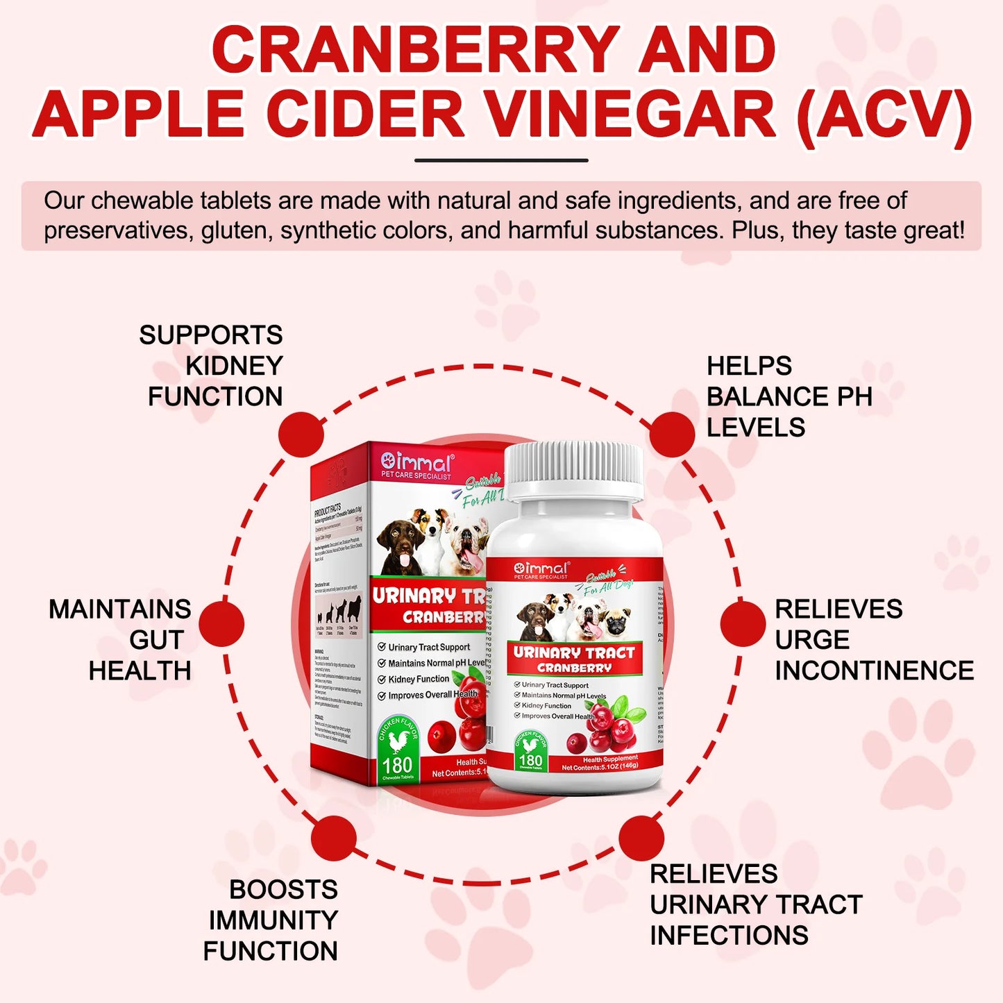 Cranberry Canine Care Optimal Urinary Tract Support for Dogs Enhancing Kidney Function with Chicken Flavor 180 Chewable Tablets