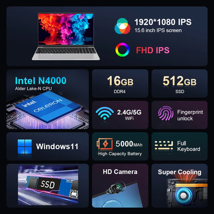 15.6" HD N4000 IPS Laptop Computer Intel CeleronNotebook PC Fingerprint Unlock Windows 11 Pro 16GB DDR4 1TB SSD Gaming Laptop