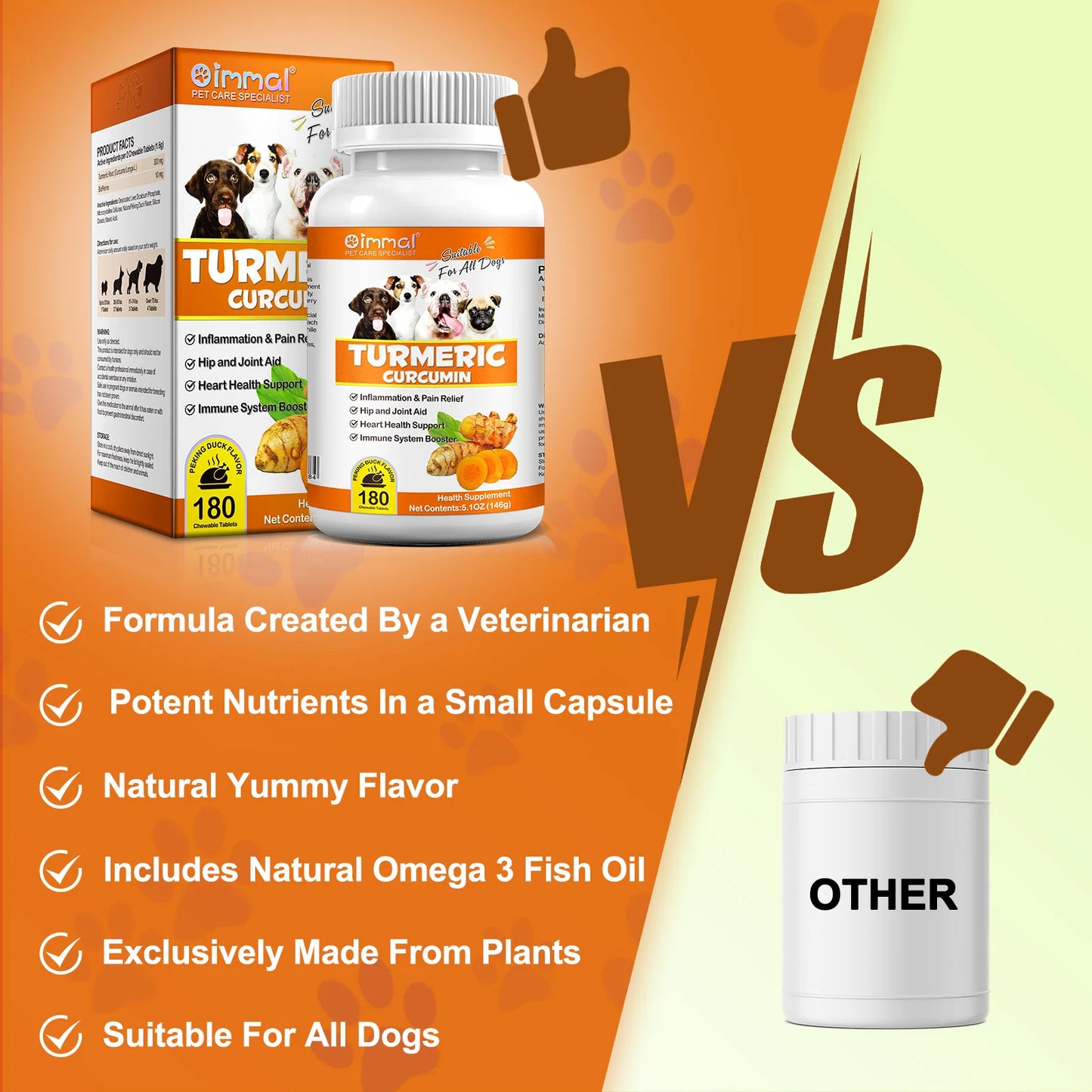 Turmeric Curcumin 180 Chewable Tablets Supplements Aid Joints and HIPS Heart Health Support Inflammation & Pain Relief for Dogs