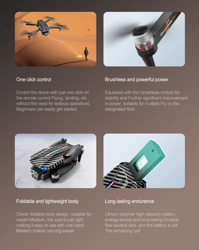 The D9 drone is equipped with gradient LED streamer,brushless motor,EIS electronic stabilization system,2.4GHz anti-interference