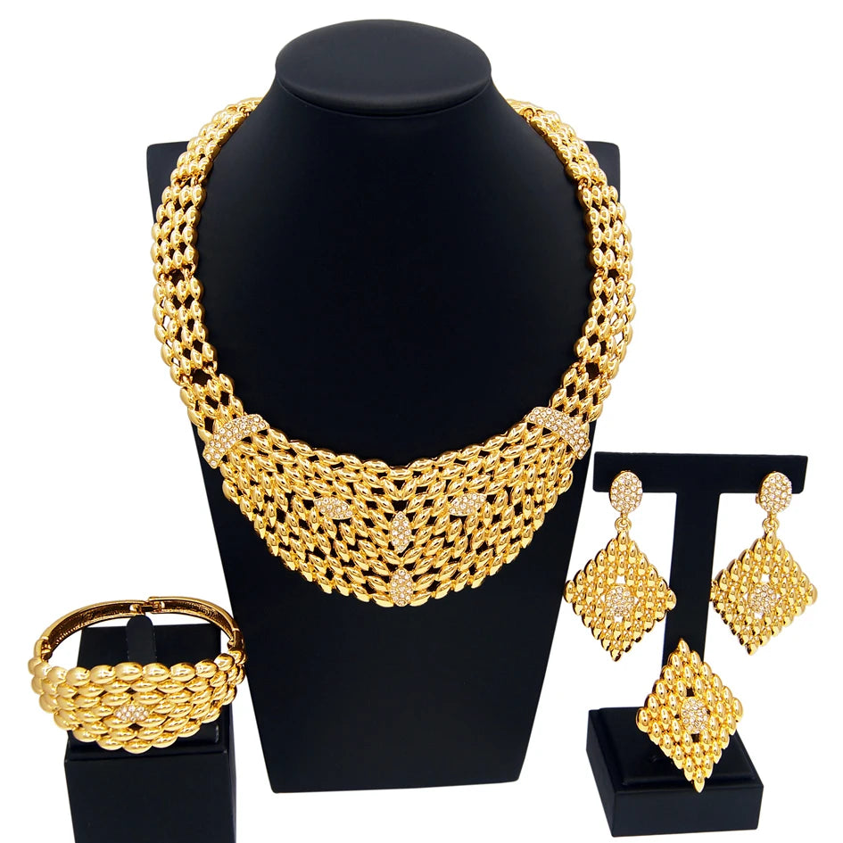 Dubai Gold Plated Jewelry Sets For Women Brazilian Original Fashion Trend Earrings Rings Wedding Banquet Jewelry Free Shipping