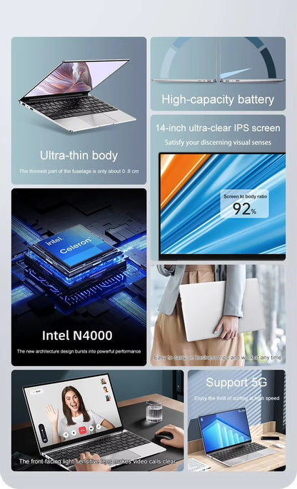 New Laptop Computer Windows 11 Pro Intel Celeron N4000 2025 Notebook PC Gamer 12GB RAM 512GB 1TB SSD 1920*1080 Office Computer