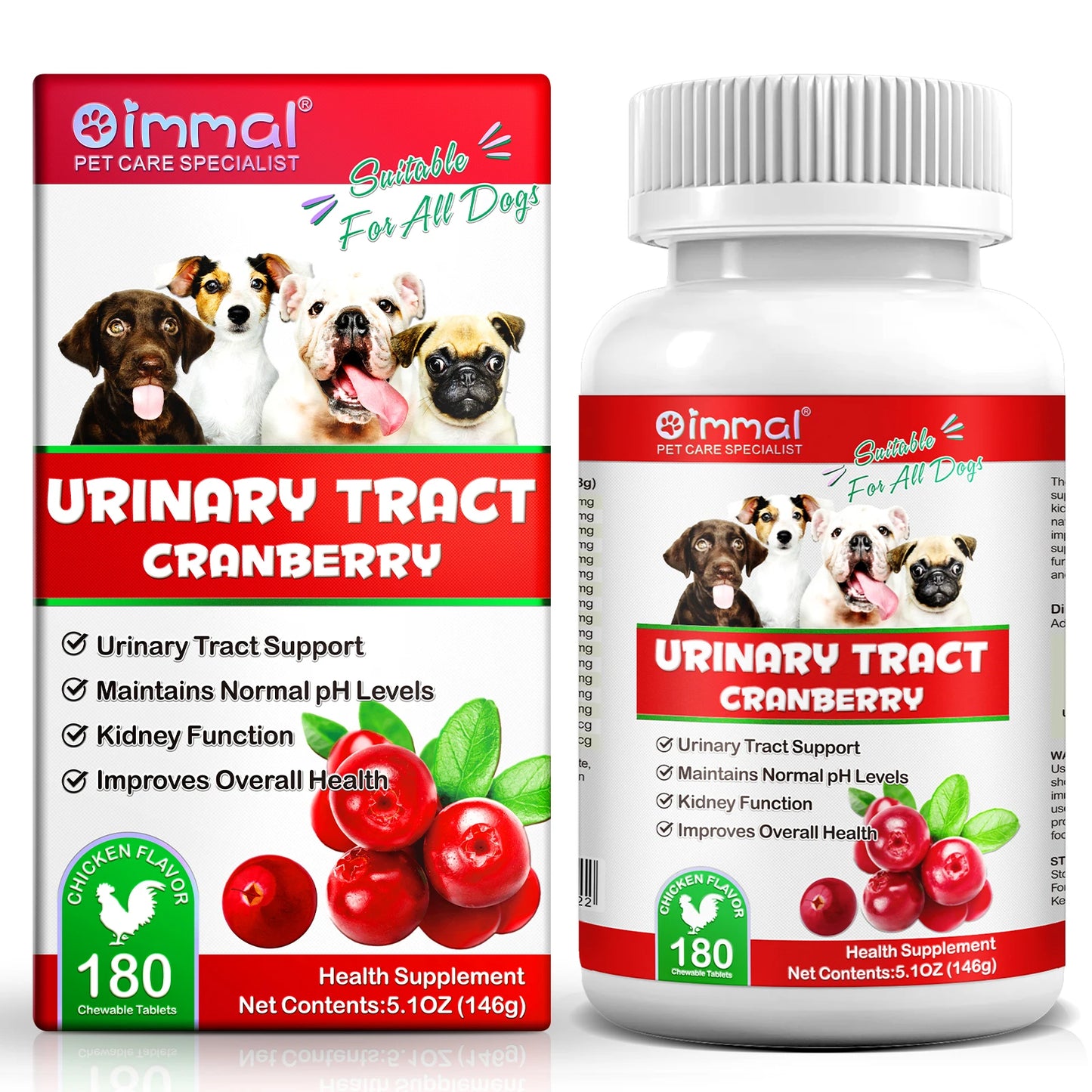 Cranberry Canine Care Optimal Urinary Tract Support for Dogs Enhancing Kidney Function with Chicken Flavor 180 Chewable Tablets