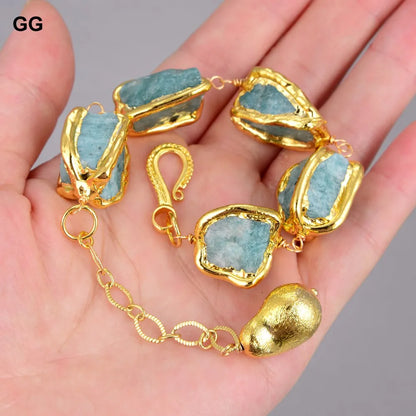 GuaiGuai Jewelry Natural Blue Amazonites Rough Nugget With Electroplated Edge Bracelet Dangle Hook Earrings Sets For Women
