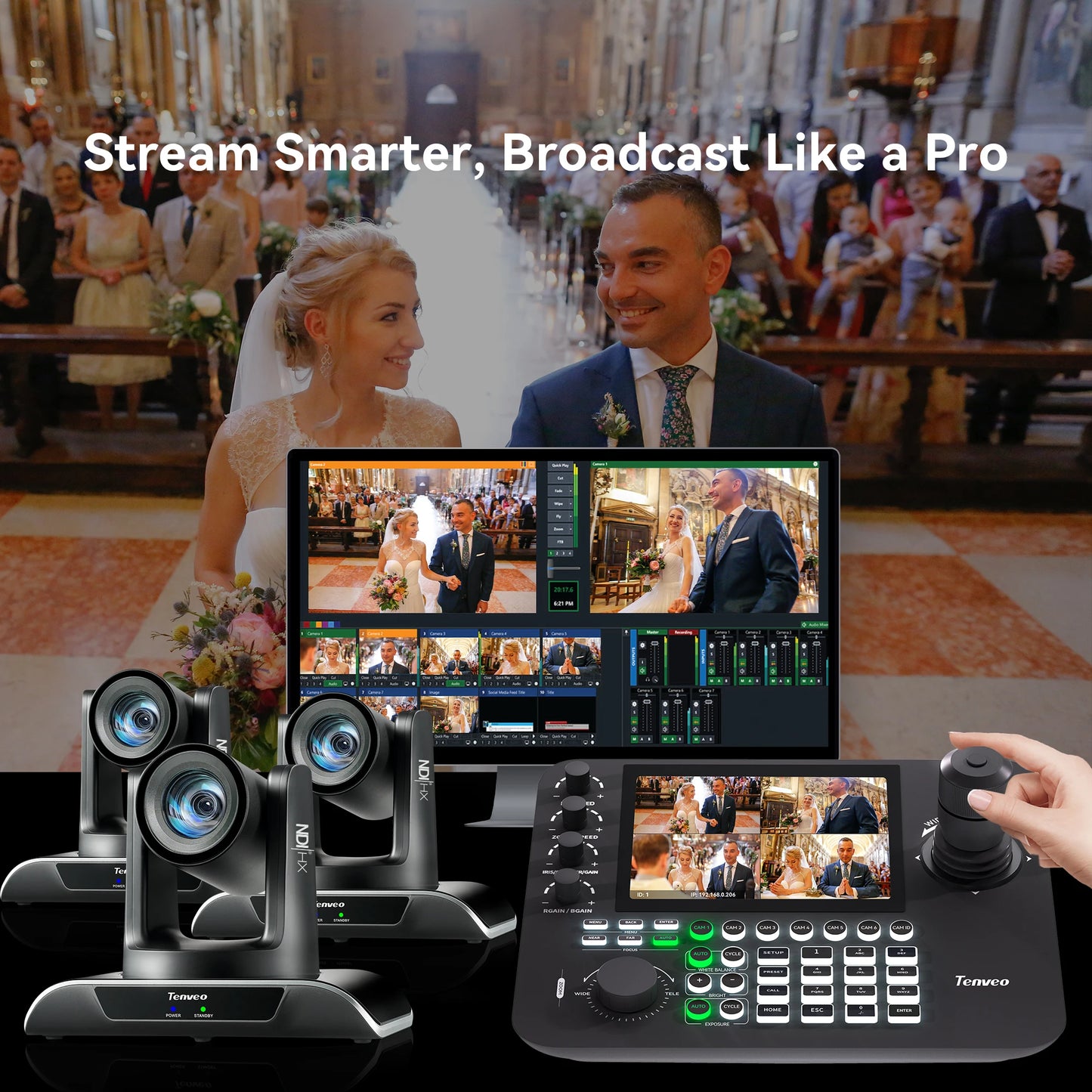 3Pcs 30X Zoom 4K PTZ Conference Camera AI Auto Tracking USB+HDMI+SDI+LAN POE and KB300PRO IP PTZ Camera Joystick Controller