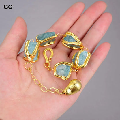 GuaiGuai Jewelry Natural Blue Amazonites Rough Nugget With Electroplated Edge Bracelet Dangle Hook Earrings Sets For Women