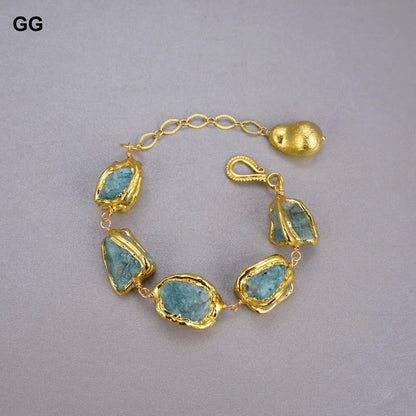 GuaiGuai Jewelry Natural Blue Amazonites Rough Nugget With Electroplated Edge Bracelet Dangle Hook Earrings Sets For Women