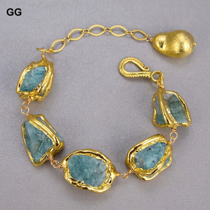 GuaiGuai Jewelry Natural Blue Amazonites Rough Nugget With Electroplated Edge Bracelet Dangle Hook Earrings Sets For Women