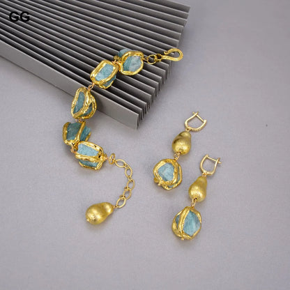 GuaiGuai Jewelry Natural Blue Amazonites Rough Nugget With Electroplated Edge Bracelet Dangle Hook Earrings Sets For Women