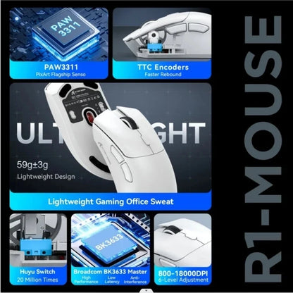 R1 Superlight Mouse BT 2.4G Wireless Gaming Mouse PixArt PAW3311 Gaming Sensor 6 Adjustable DPI for Office Game