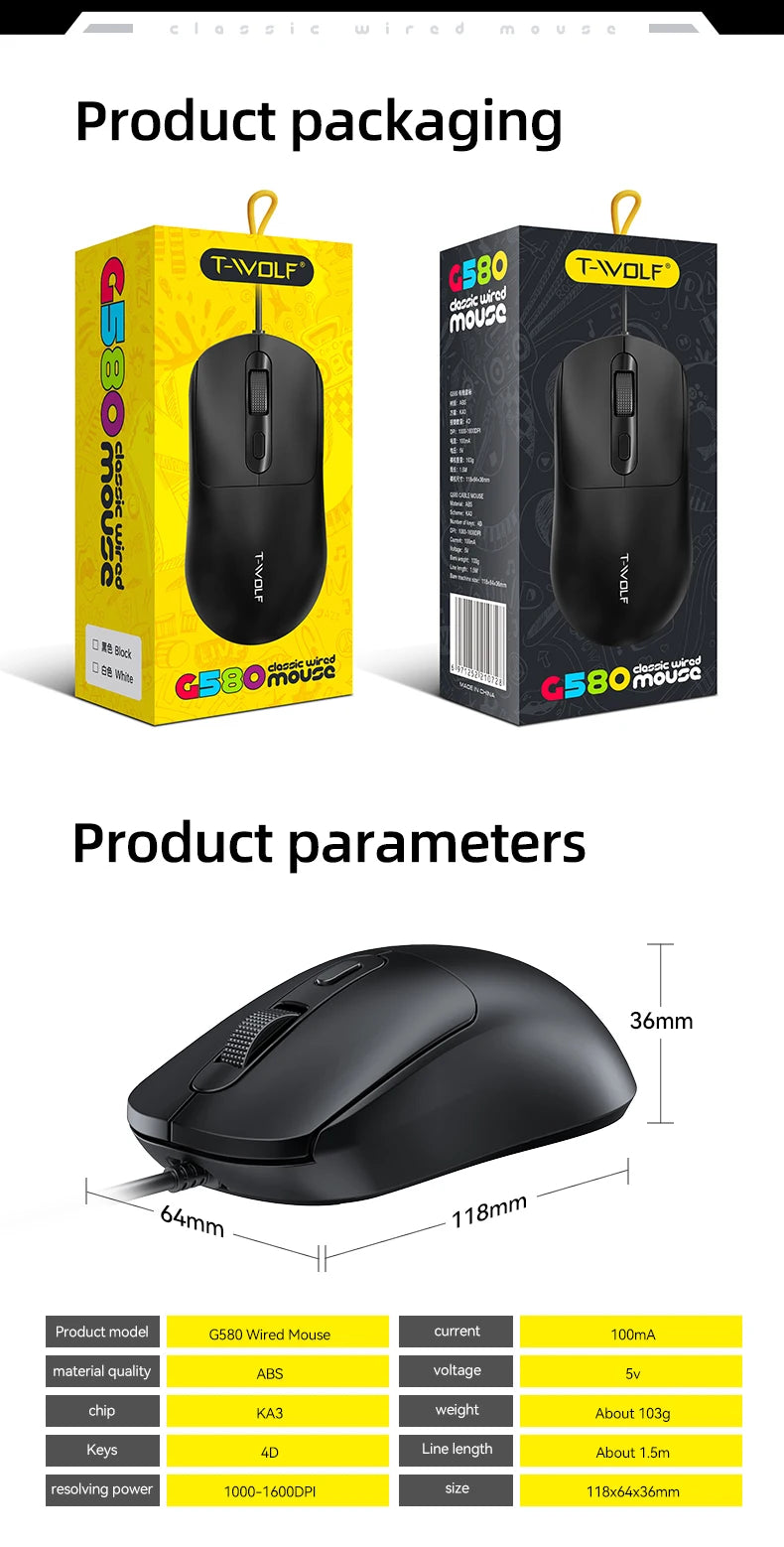 Hot Sale T-WOLF Personalized Mouse G580 Wired Office Mouse 4D Business Normal Mouse Mice for Laptop Desktop