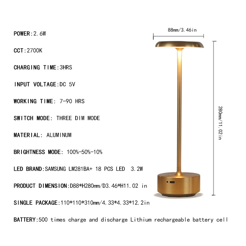 Aluminum alloy rechargeable hotel  living room  bedroom  bedside lamp warm and romantic modern industrial style LED night light