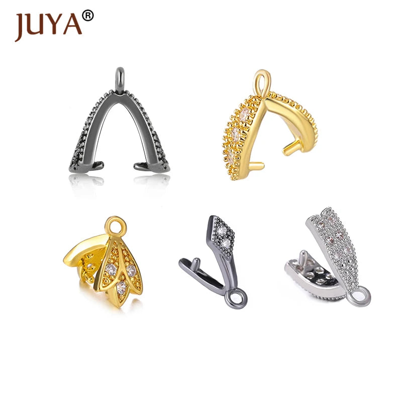 Juya Copper Inlaid Zircon Pinch Bails DIY Supplies For Jewelry Wholesale Crystal Pendant Clip Clasps Clamping Bale Accessories