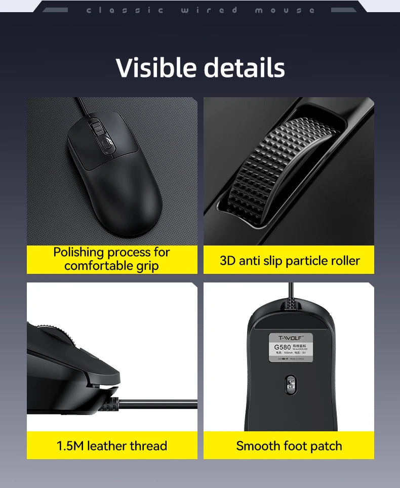Hot Sale T-WOLF Personalized Mouse G580 Wired Office Mouse 4D Business Normal Mouse Mice for Laptop Desktop