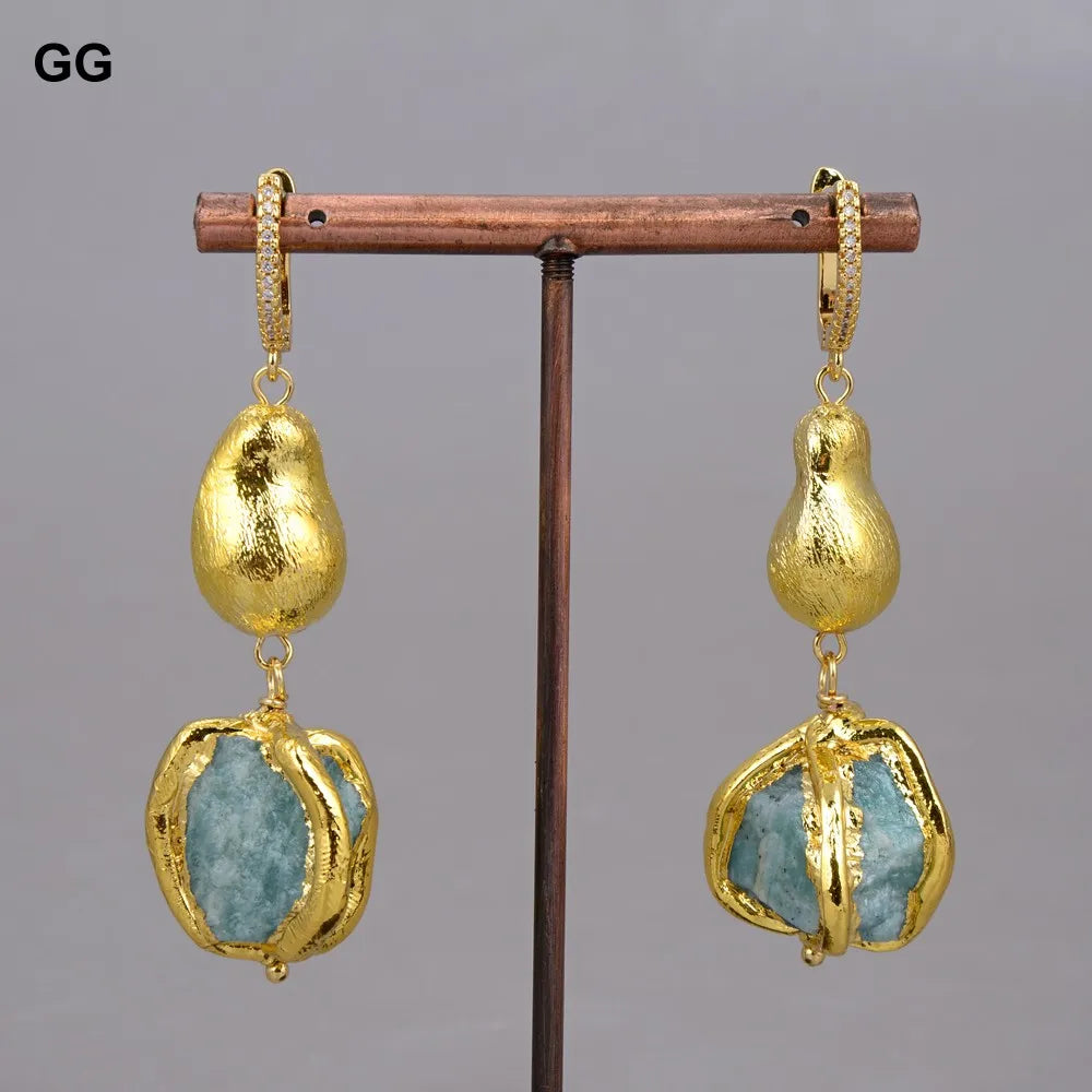 GuaiGuai Jewelry Natural Blue Amazonites Rough Nugget With Electroplated Edge Bracelet Dangle Hook Earrings Sets For Women