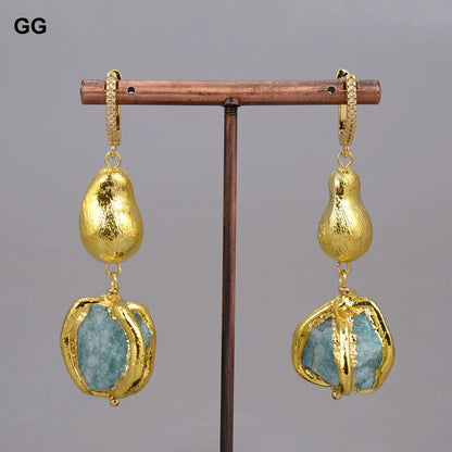 GuaiGuai Jewelry Natural Blue Amazonites Rough Nugget With Electroplated Edge Bracelet Dangle Hook Earrings Sets For Women