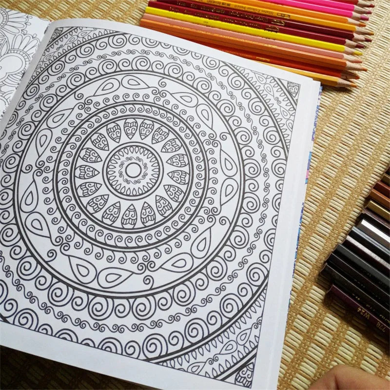 12 Color Pencils + 128 Pages Zen Mandalas Coloring Book For Adults Children Relieve Stress Kill Time Secret Garden Art Book