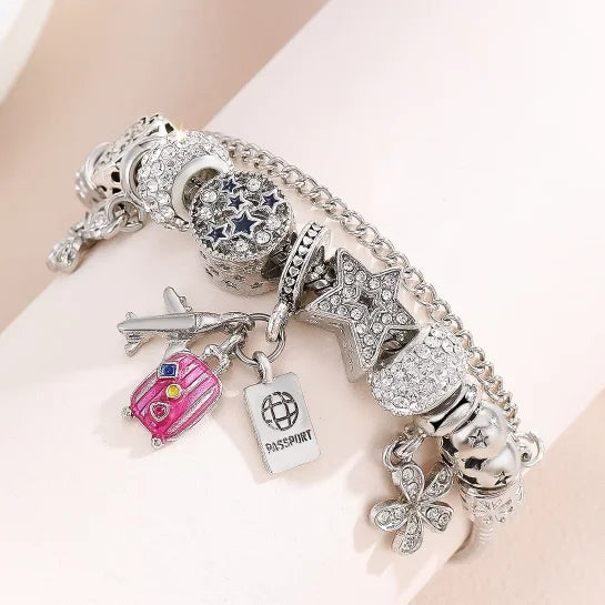 Panjia DIY Beaded Bracelet Diamond European American Cross-Border Trendy Airplane Suitcase Passport Pendant Rhinestone Popular