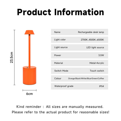 USB Rechargeable LED Table Light Modern Touch Lamp for Indoors & Outdoors Cone Shade Bedrooms Homes Cordless Restaurants Bars