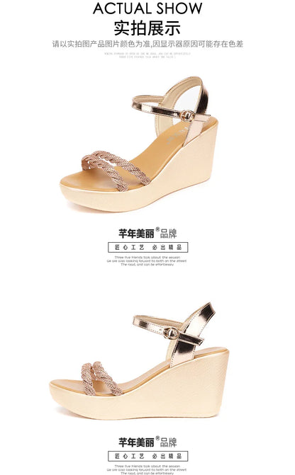Small Size 32-43 Bling Silver Gold Wedding Shoes Women High Heels Summer 2024 Elegant Platform Sandals Wedges for Office Party