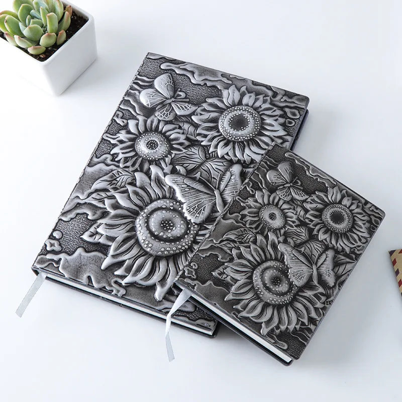 A5 Luxury European Retro Sunflower Journal Note Book Notepad Unique Personalized Carved PU Leather Embossed Cover Notebooks