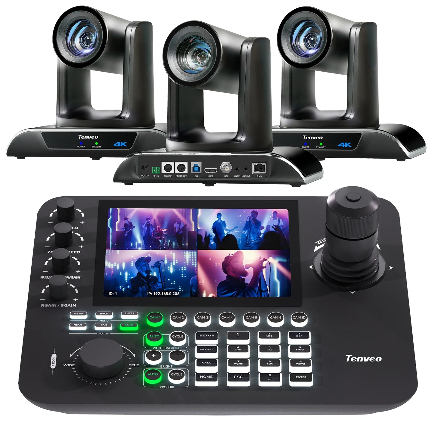 3Pcs 30X Zoom 4K PTZ Conference Camera AI Auto Tracking USB+HDMI+SDI+LAN POE and KB300PRO IP PTZ Camera Joystick Controller
