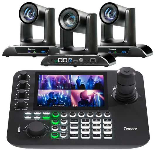 3Pcs 30X Zoom 4K PTZ Conference Camera AI Auto Tracking USB+HDMI+SDI+LAN POE and KB300PRO IP PTZ Camera Joystick Controller