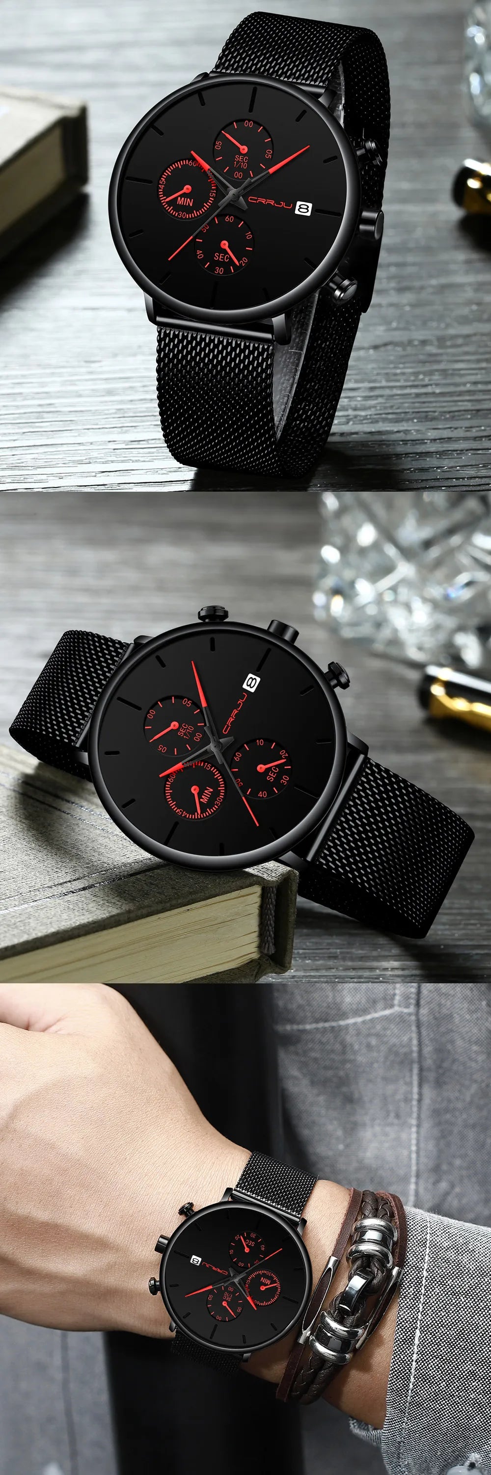 CRRJU Fashion Watch Men Waterproof Slim Mesh Strap Minimalist Wrist Watches For Men Quartz Sports Watch Clock Relogio Masculino