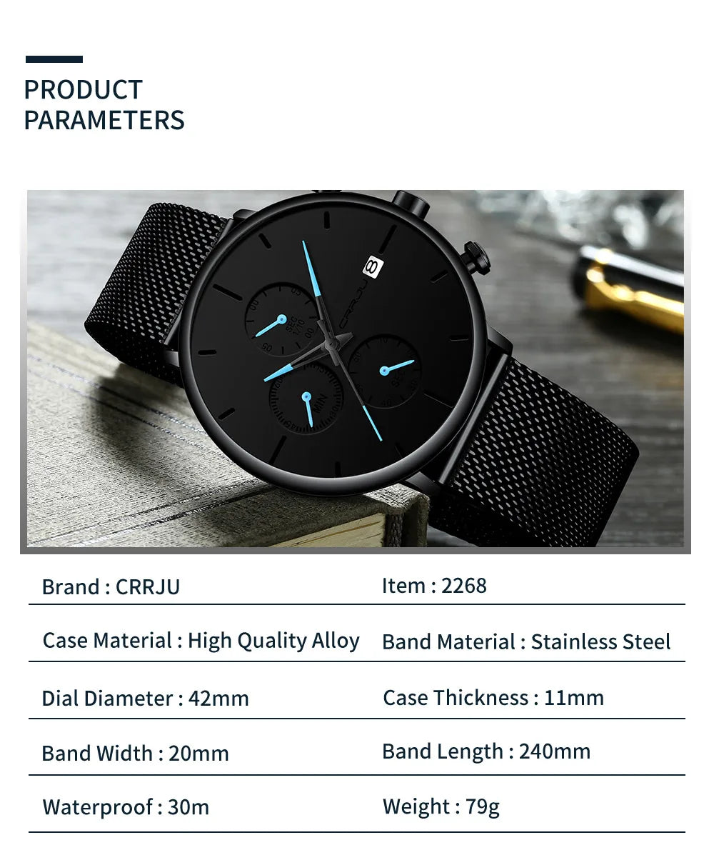 CRRJU Fashion Watch Men Waterproof Slim Mesh Strap Minimalist Wrist Watches For Men Quartz Sports Watch Clock Relogio Masculino