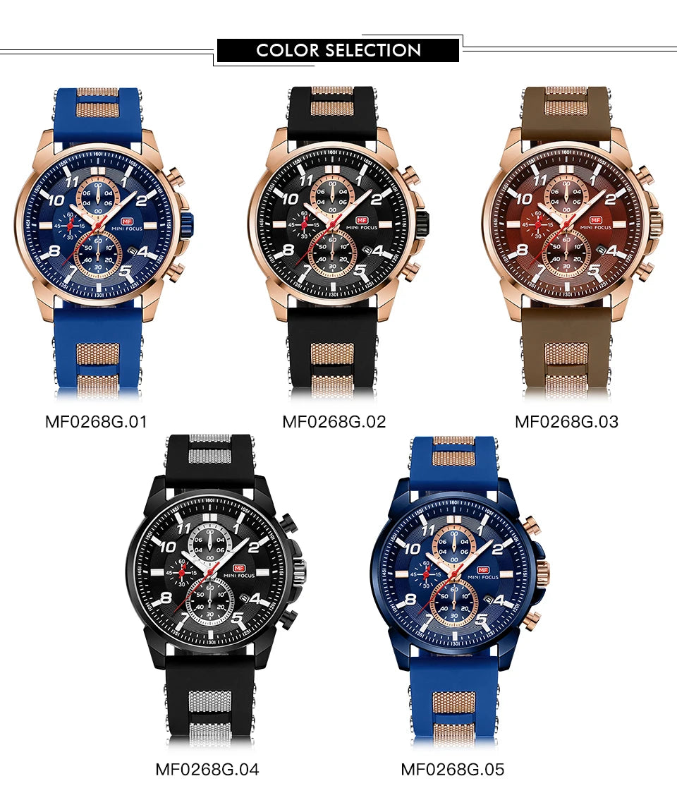 MINI FOCUS Chronograph Quartz Watches Men Blue Silicone Army Sport Top Brand LuxuryWristwatch Man Relogios Masculino Clock 0268