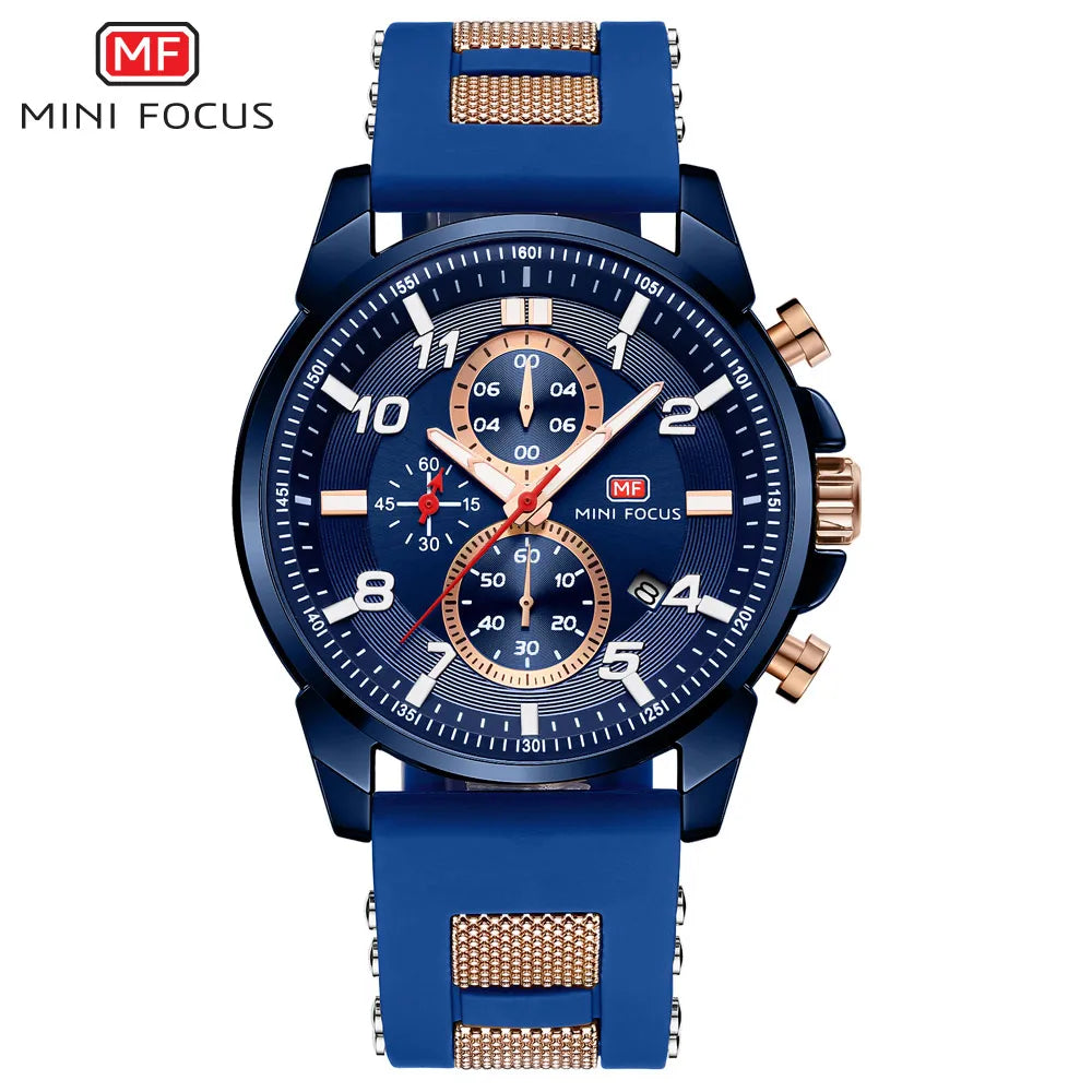 MINI FOCUS Chronograph Quartz Watches Men Blue Silicone Army Sport Top Brand LuxuryWristwatch Man Relogios Masculino Clock 0268