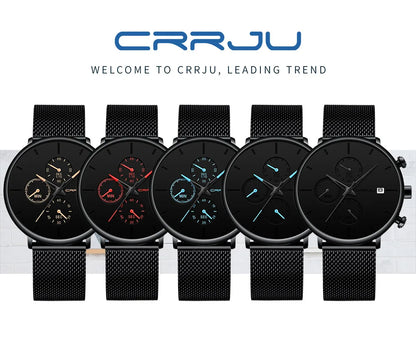 CRRJU Fashion Watch Men Waterproof Slim Mesh Strap Minimalist Wrist Watches For Men Quartz Sports Watch Clock Relogio Masculino