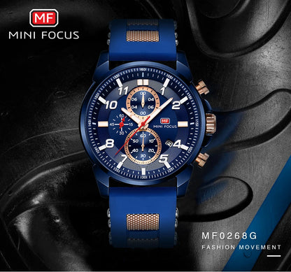MINI FOCUS Chronograph Quartz Watches Men Blue Silicone Army Sport Top Brand LuxuryWristwatch Man Relogios Masculino Clock 0268