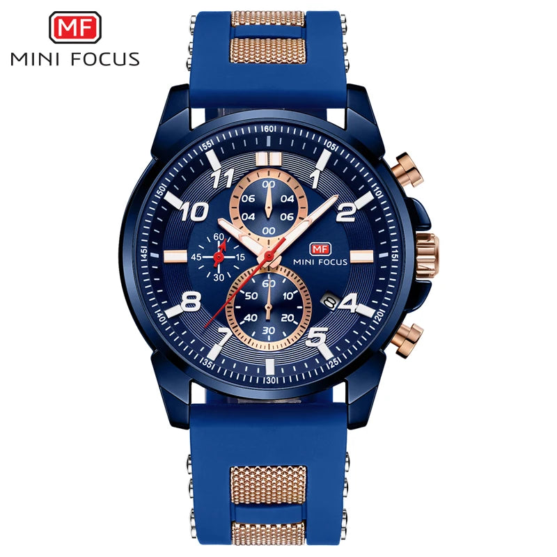 MINI FOCUS Chronograph Quartz Watches Men Blue Silicone Army Sport Top Brand LuxuryWristwatch Man Relogios Masculino Clock 0268