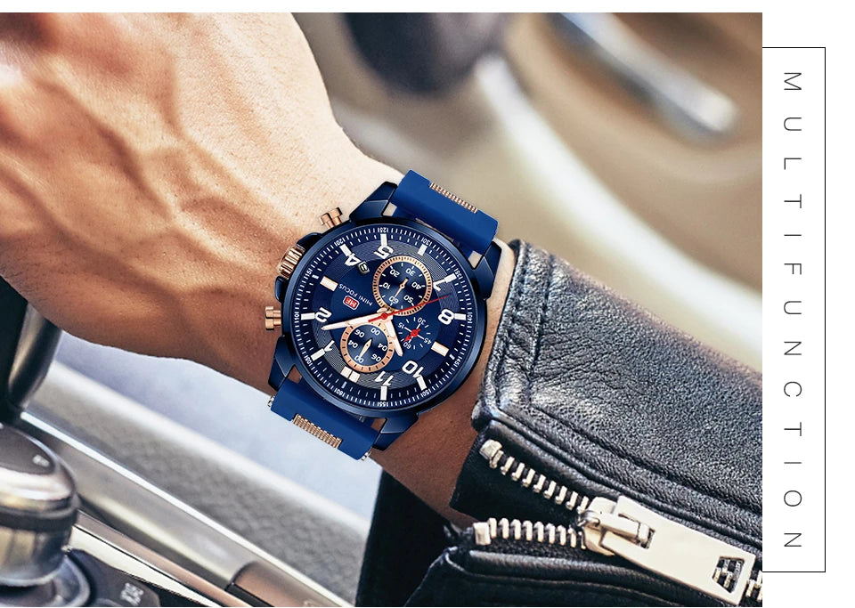 MINI FOCUS Chronograph Quartz Watches Men Blue Silicone Army Sport Top Brand LuxuryWristwatch Man Relogios Masculino Clock 0268