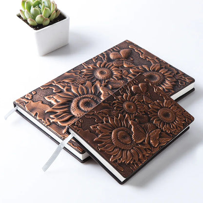 A5 Luxury European Retro Sunflower Journal Note Book Notepad Unique Personalized Carved PU Leather Embossed Cover Notebooks