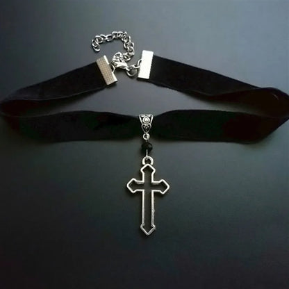Choker with Silver Tone Cross with Punk Gorgeous Alternative Jewellery Pendant Necklace Wide Statement Charm Women Gift Harajuku