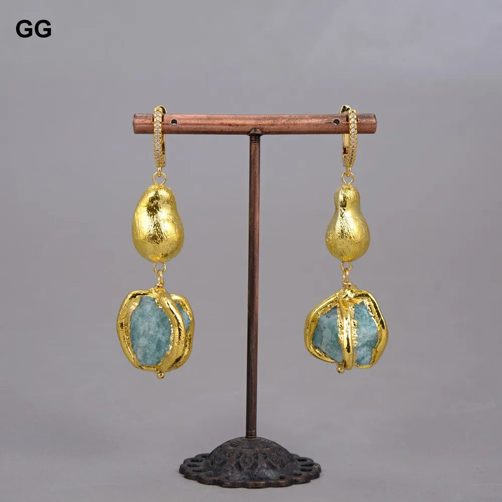 GuaiGuai Jewelry Natural Blue Amazonites Rough Nugget With Electroplated Edge Bracelet Dangle Hook Earrings Sets For Women