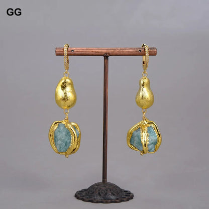 GuaiGuai Jewelry Natural Blue Amazonites Rough Nugget With Electroplated Edge Bracelet Dangle Hook Earrings Sets For Women
