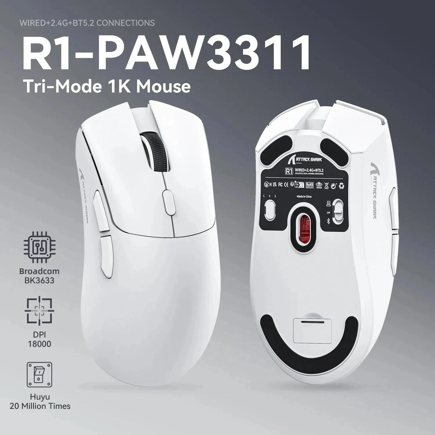 R1 Superlight Mouse BT 2.4G Wireless Gaming Mouse PixArt PAW3311 Gaming Sensor 6 Adjustable DPI for Office Game