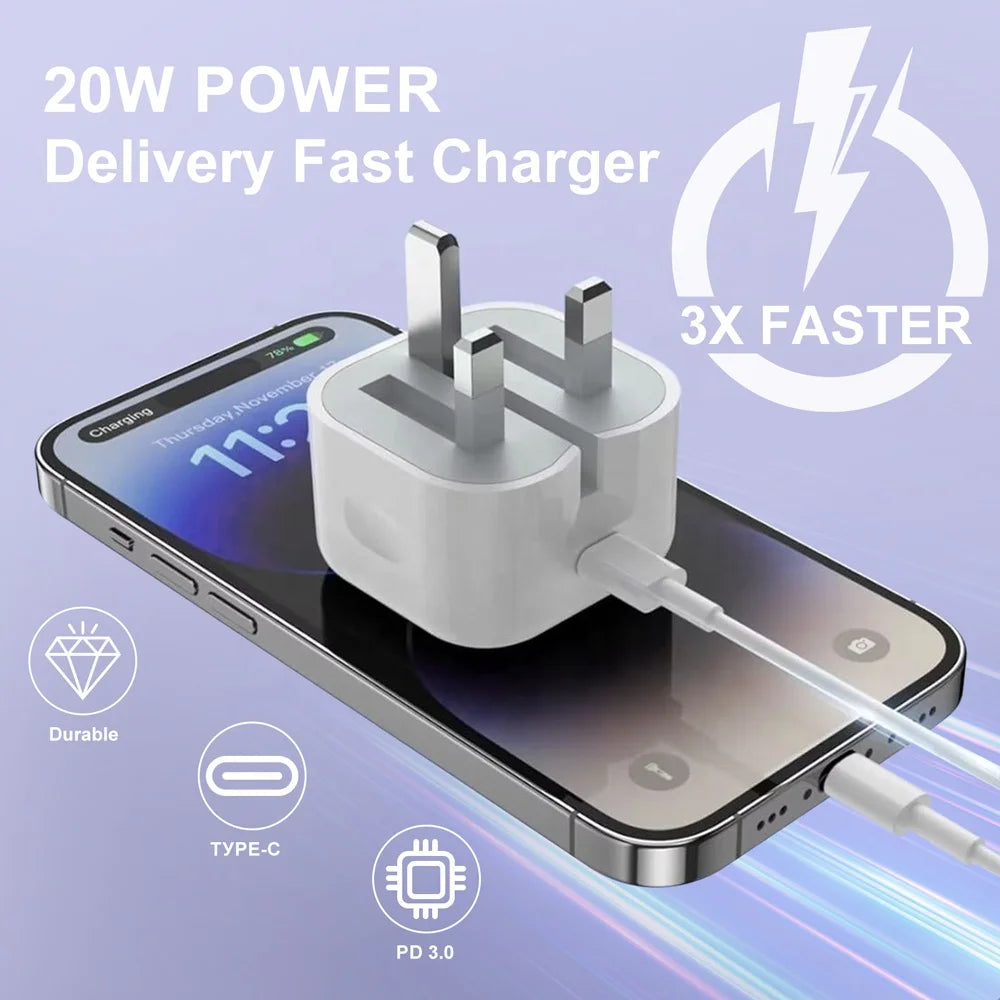 EU US UK AU Plug 20W USB C Fast QC3.0 Wall Charger Block PD Function OTP & OVP Protection for iPhone 15/14/13 Mobile Phone