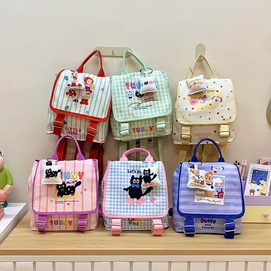Wholesale Cute Girl Cartoon Canvas School Backpack Fashionable Candy Color Kid's Mochilas with Zipper Closure